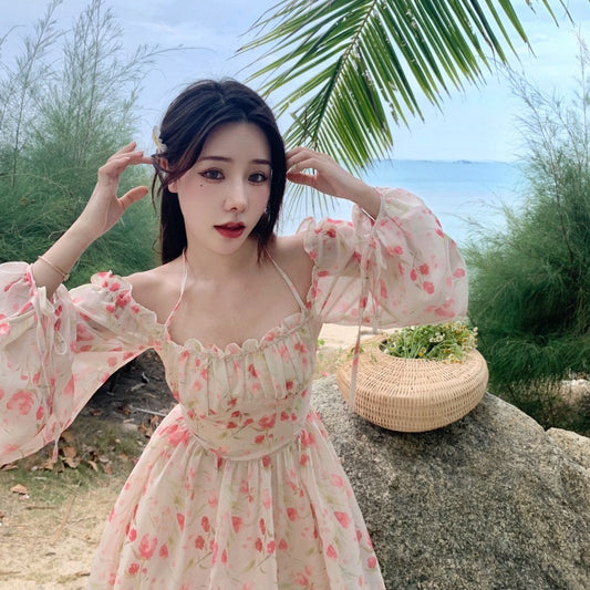 雾粉郁金香碎花裙 Pink Tulip Floral Dress