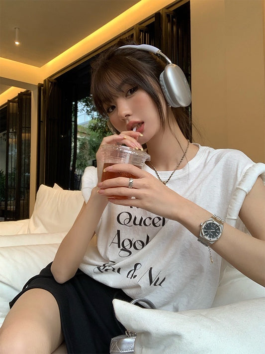 夏季美式字母卷边袖上衣 Summer Letter Roll Sleeve Top
