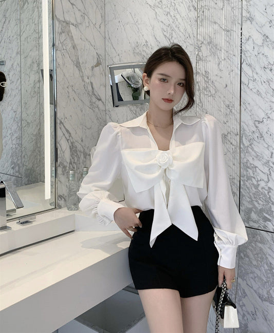 夏季蝴蝶结山茶花衬衫 Summer Bow Tie Camellia Blouse