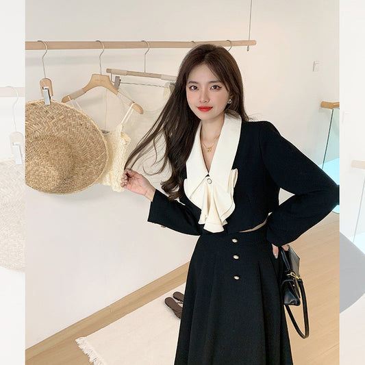 高级设计感翻领外套 / 半身长裙 (黑色) Advanced Design Lapel Jacket / Long Skirt (Black)