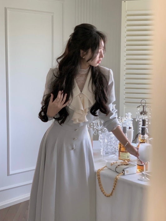 高级设计感翻领外套 / 半身长裙 (灰色)Advanced Design Lapel Jacket / Long Skirt (Grey)