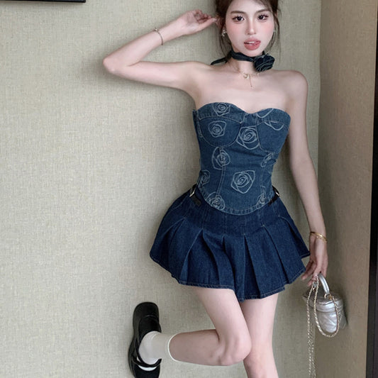 夏季小性感玫瑰抹胸上衣/百褶半裙 Summer Sexy Rose Bandeau Top / Pleated Midi Skirt