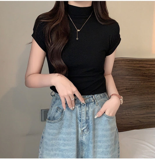 半高领修身短袖上衣 Halfneck Fitted Short-Sleeved Top