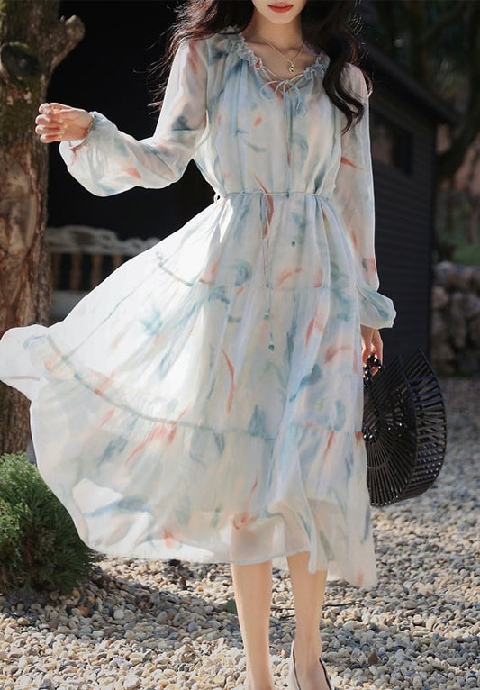 大鱼海棠 - 夏季初恋印花连衣裙  Summer Floral Long Sleeve Dress