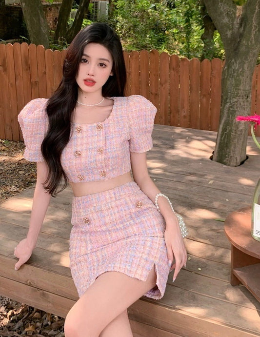 冰淇淋女孩 - 粉小香方领上衣/甜辣半身裙 Sweetheart Ice Cream - Pink Neckline Top/Midi Skirt