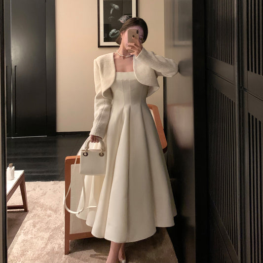 千金小香 - 赫本光泽收腰连衣裙/长袖圆弧外套 Chanel Style - Hepburn Glossy Waist Dress/Long Sleeve Outer Jacket