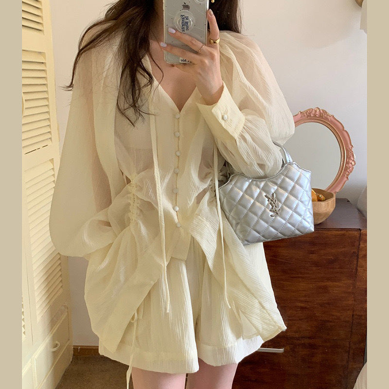 阳光少女- 夏季防嗮V领抽绳上衣/高腰阔腿短裤 Summer Sun Protection V-Neck Drawstring Top/High-Waisted Wide Leg Shorts