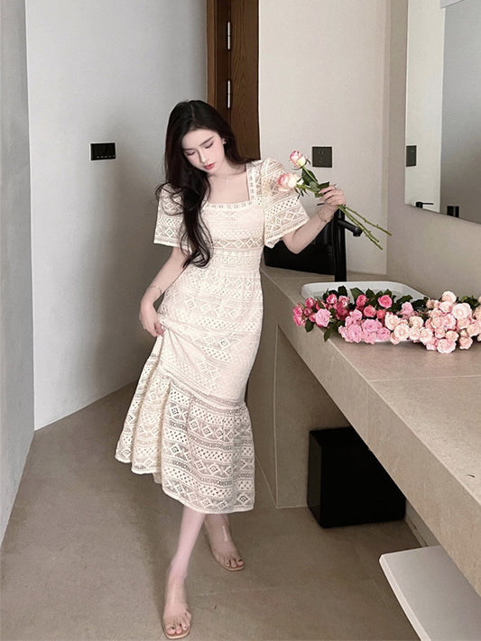 韩系名媛镂空鱼尾长裙 Korean Hollow-out Fishtail Maxi Dress
