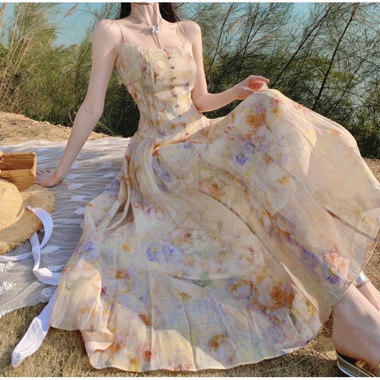 雨后蔷薇 - 法式度假碎花吊带连衣裙 French Vacation Floral Print Strappy Dress
