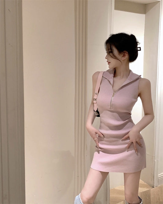 俏辣三色女孩 -  无袖修身拉链连衣裙 Tricolor Girls - Sleeveless Slim-fit Zipper Dress