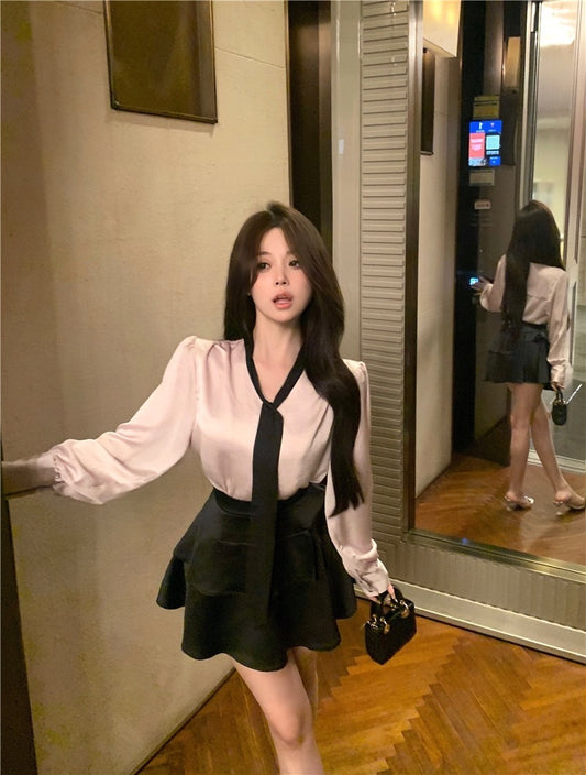 大小姐出街 - 粉黑色系带V领衬衫/蛋糕半裙 Missy Goes Out - Pink and Black Ribbon V-Neck Shirt/Cake Skirt