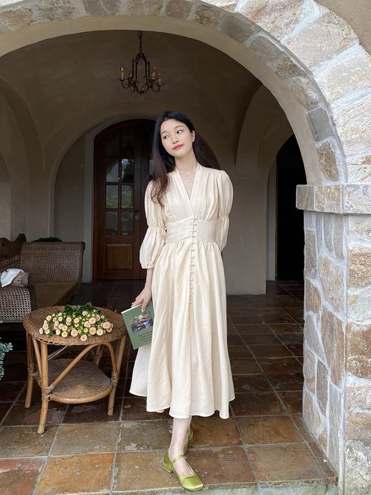 宫廷的夏天 - V领泡泡袖收腰连衣裙 Summer in the Palace - V-neck Bubble Sleeve Waist-Cinching Dress
