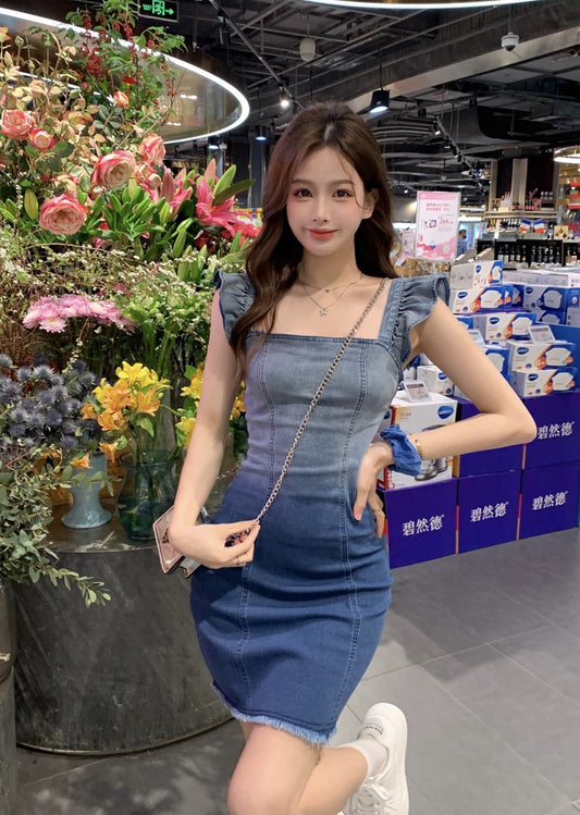 夏季小飞袖渐变牛仔裙 Summer Futter Sleeve Gradient Denim Dress