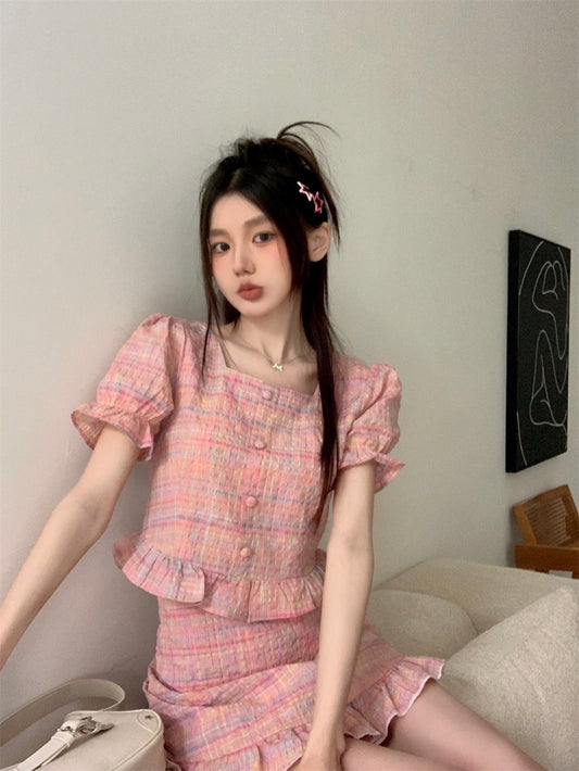 夏日调色盘 - 甜美方领格木耳边上衣/高腰半身裙 Summer palette - Sweet Square-neck Ruffle Trim Top / High-waisted Skirt