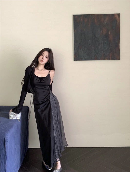 夜空星尘 - 法式设计缎面网纱吊带连衣裙 Starry Night Stardust - French-inspired Satin Mesh Tulle Suspender Dress