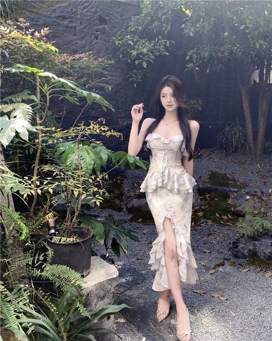 青花瓷艺术品 - 印花雪纺收腰包臀连衣裙 Blue and White Porcelain Artwork - Printed Chiffon Waist-cinching Bodycon Dress