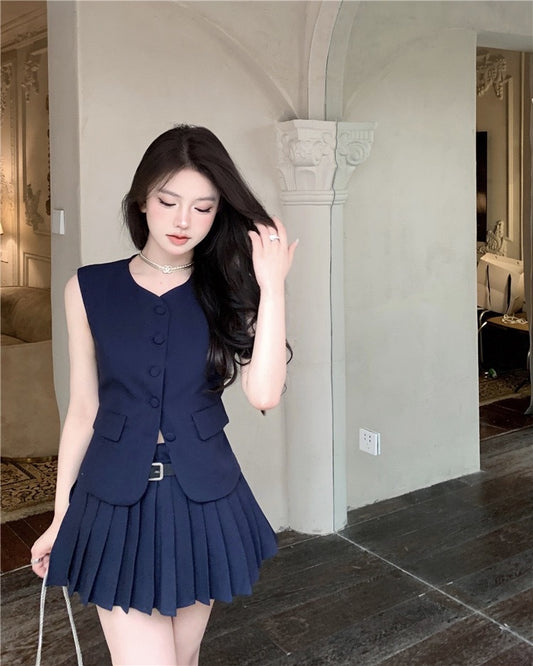 奢级马甲三件套 - 高级感中设计时尚马甲/百褶半裙 Luxury Vest Three-Piece Set - Sophisticated Design Stylish Vest  / Pleated Midi Skirt