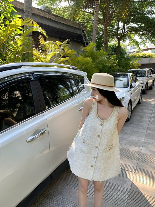 雪白纷飞 - 名媛小香风流苏吊带连衣裙 Snowy Flurries - Elegant Chanel-inspired Fringed Camisole Dress