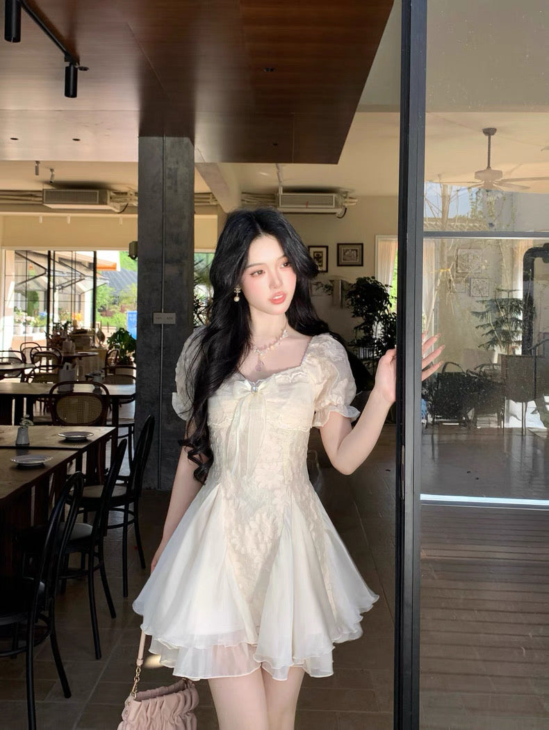 白茶与风 气质剪花蓬蓬网纱公主裙 White Tea and Wind Elegant Embroidered Tulle Princess Dress