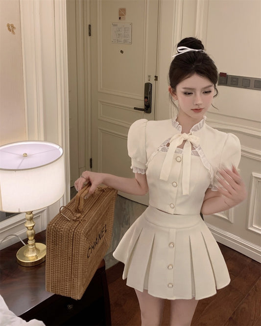 香槟气泡 - 法式小香风甜美短袖衬衫/百褶半裙  Champagne Bubbles - French-inspired Sweet Short Sleeve Blouse/Pleated Midi Skirt