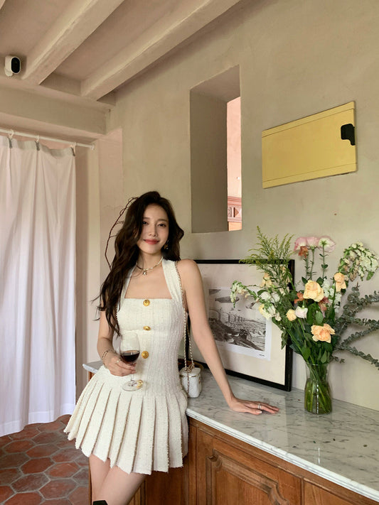 首尔时尚 - 夏季金扣花呢挂脖吊带连衣裙 Seoul Chic - Summer Tweed Halterneck Golden Button Dress