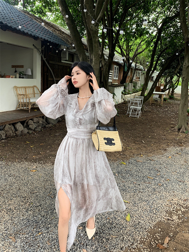 夏日微凉- 夏季清冷感荷叶边长袖开叉连衣裙 Summer Bliss - Chilled Delight Long Sleeve Dress