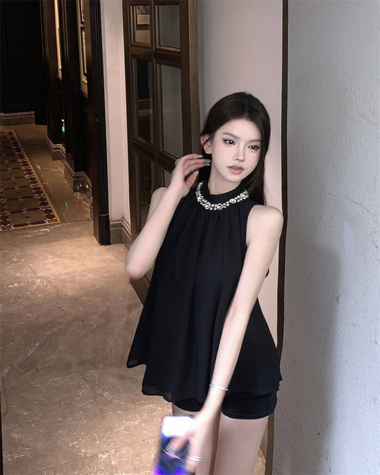 夏日迷情 - 夏季高级感水钻无袖挂脖上衣  SummerRhinestone Details Sleeveless Halter Top
