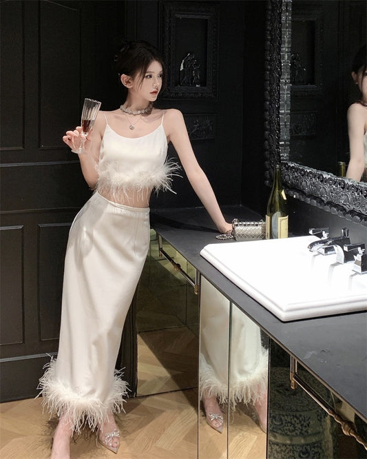 上东区名媛 - 夏季鸵鸟小众吊带背心/半身裙 Summer Ostrich Niche Spaghetti Strap Vest/Skirt