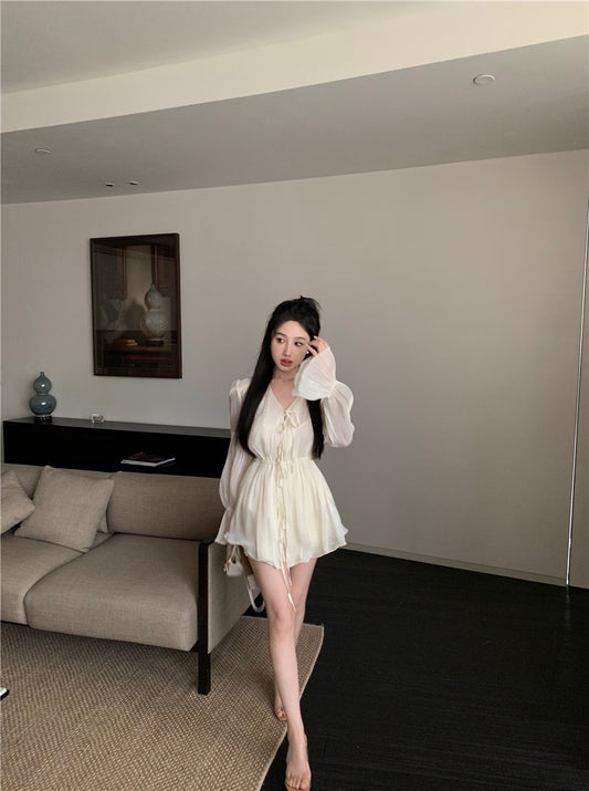 凡间精灵 - 超仙纹理针织天丝系带衬衫/短裤 Earthly Fairy - Super Ethereal Textured Knit Silk Tie-front Shirt/Shorts