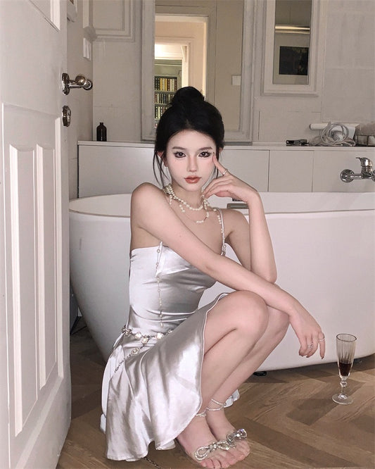 魅惑缎舞 - 纯欲风甜辣妹露背缎面吊带连衣裙 Pure Desire Sweety Girl Backless Satin Spaghetti Strap Dress