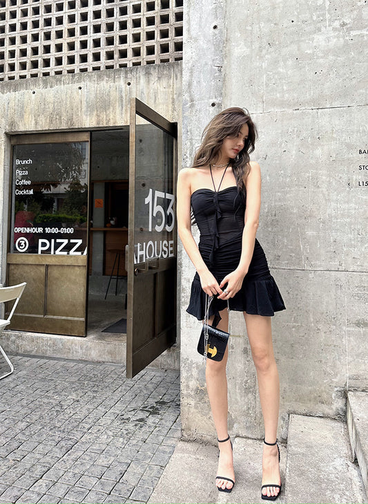 魅影网纱 -  性感露背网纱挂脖抹胸连衣裙Seductive Backless Mesh Halter Bustier Dress