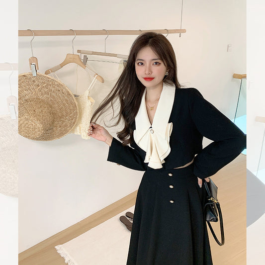 高级设计感翻领外套 / 半身长裙 (黑色) Advanced Design Lapel Jacket / Long Skirt (Black)