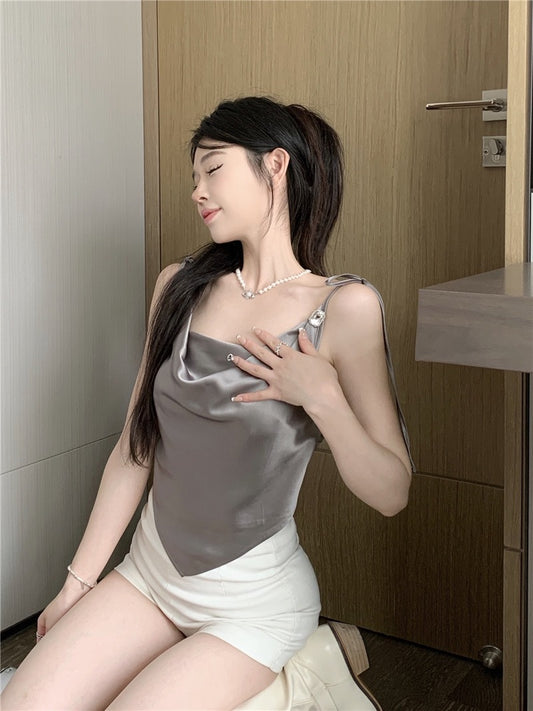 雨夜明星 - 夏季绑带缎面无袖上衣Summer Satin Tie-Strap Sleeveless Top