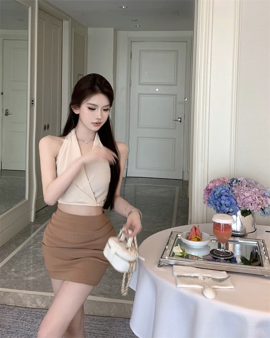都市优雅 - 法式挂脖吊带背心上衣/包臀半裙 French-inspired Halterneck Camisole Top/Bodycon Midi Skirt