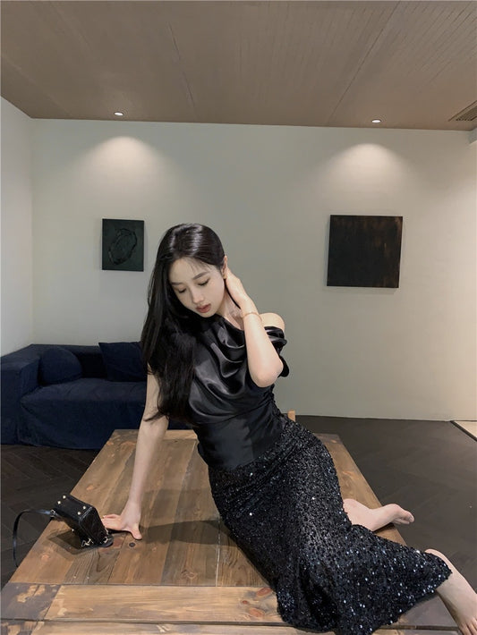 不思粉黛 - 纯御风露肩缎面上衣/开叉半裙 Pure Royal Style Off-shoulder Satin Top/Slit Midi Skirt