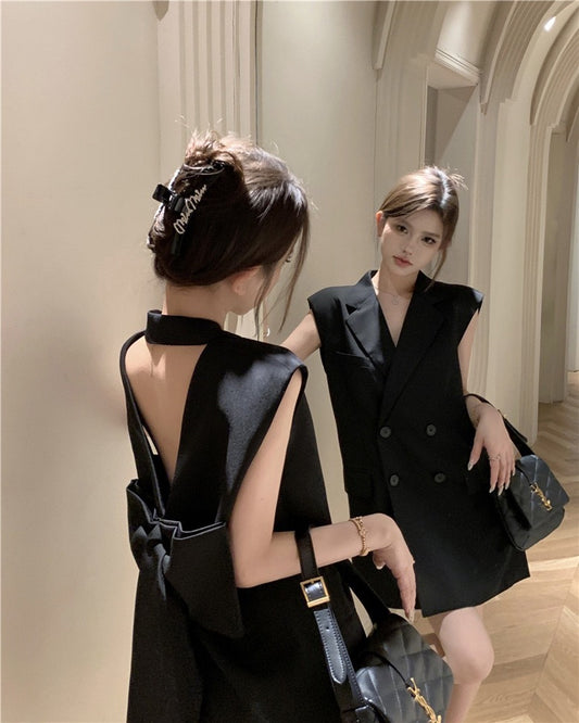 风尚黑绸 - 蝴蝶结西装露背马甲外套 Bow Tie Suit Backless Vest Outerwear
