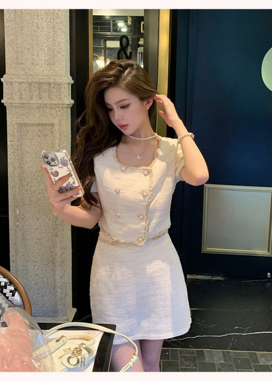 雪纱流光 - 法式气质小香短袖上衣/半裙 French Elegance Short Sleeve Top / Midi Skirt