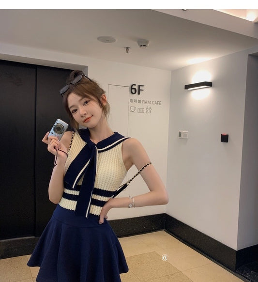 乖乖牌学妹 - 海军风镂空小背心/高腰裤裙 Navy style hollow-out camisole top / high-waisted pants-skirt