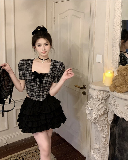 雪影幻梦 - 夏季法式黑白格纹方领衬衫/蛋糕半裙 Summer French Black White Plaid Square Neck Shirt/Cake Half Skirt