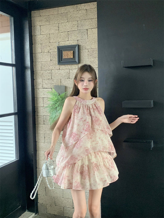 呓语江南 - 夏季水墨印花挂脖无袖上衣/半裙 Summer Ink Print Halter Sleeveless Top / Midi Skirt