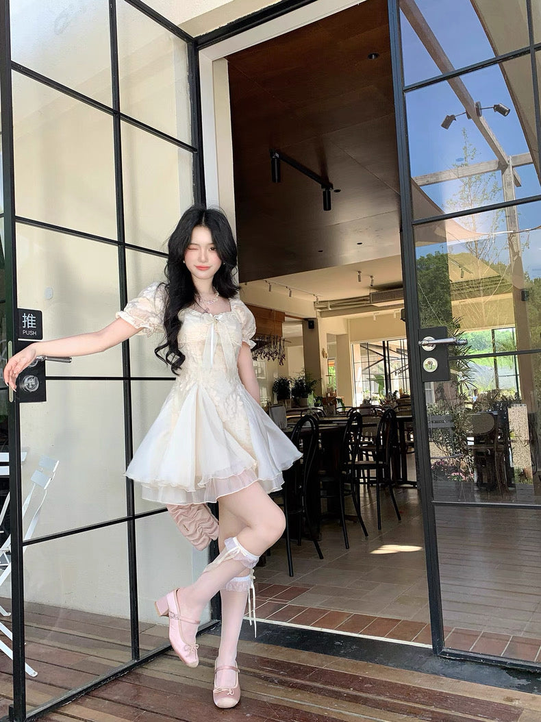 白茶与风 气质剪花蓬蓬网纱公主裙 White Tea and Wind Elegant Embroidered Tulle Princess Dress