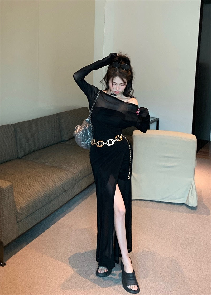 霓虹时尚 - 纯欲路肩网纱开叉连衣裙 Neon Fashion - Off-shoulder Mesh Split Dress