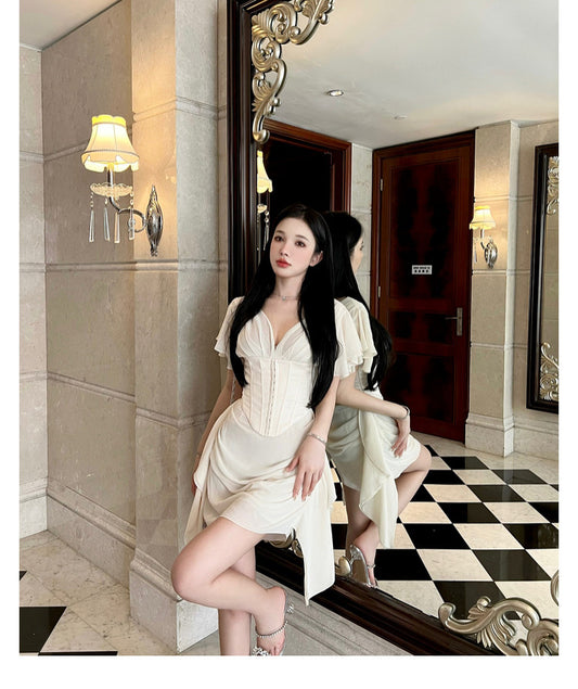 雪华之舞 - 塑身V领鱼骨包臀连衣裙 Snowy Elegance Dance - Bodycon V-Neck Mermaid Dress
