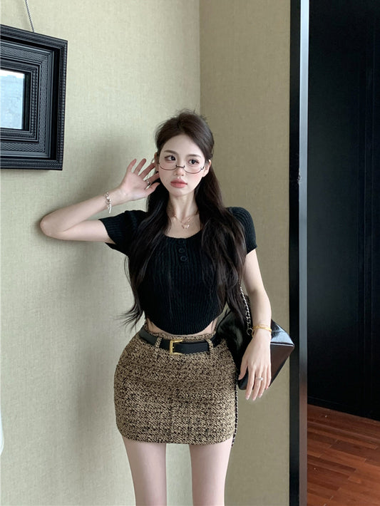 霓彩之美 - 纯欲性感针织短袖上衣/半裙 Sensual Knit Short-Sleeve Top / Midi Skirt