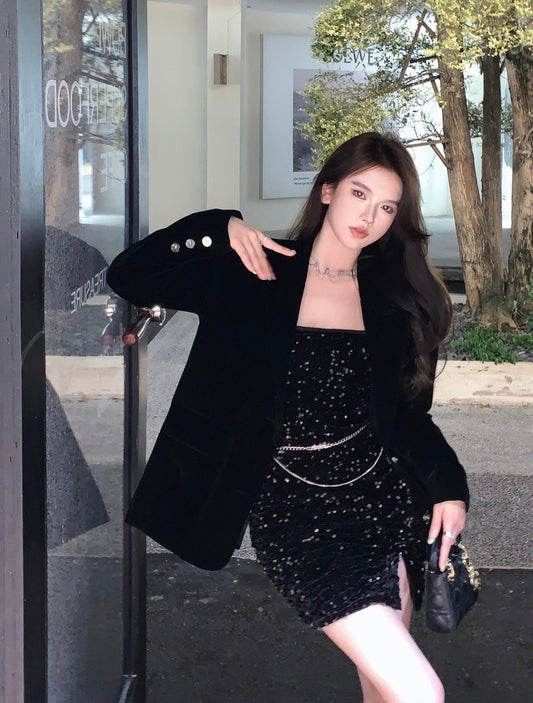魅力亮丽 - 高级感亮片开叉连衣裙 Allure Shimmer - High-Class Glitter Slit Dress