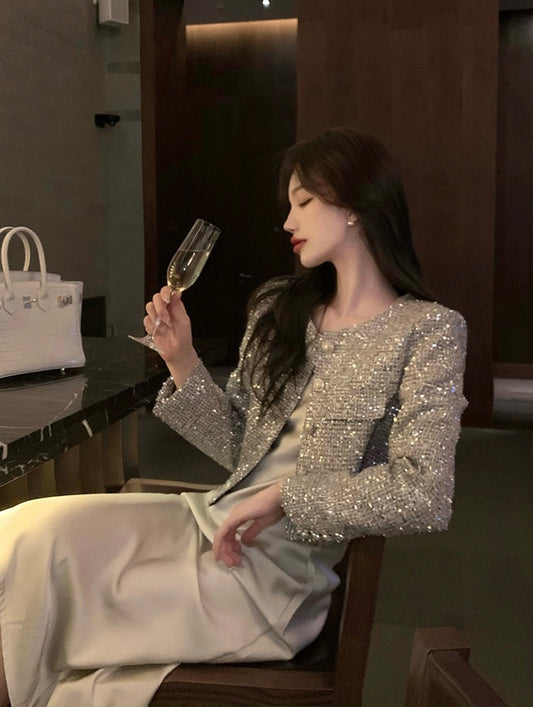 银辉流光 - 高级感小香碎钻亮片外套 High-End Small Fragments Diamond Glitter Jacket