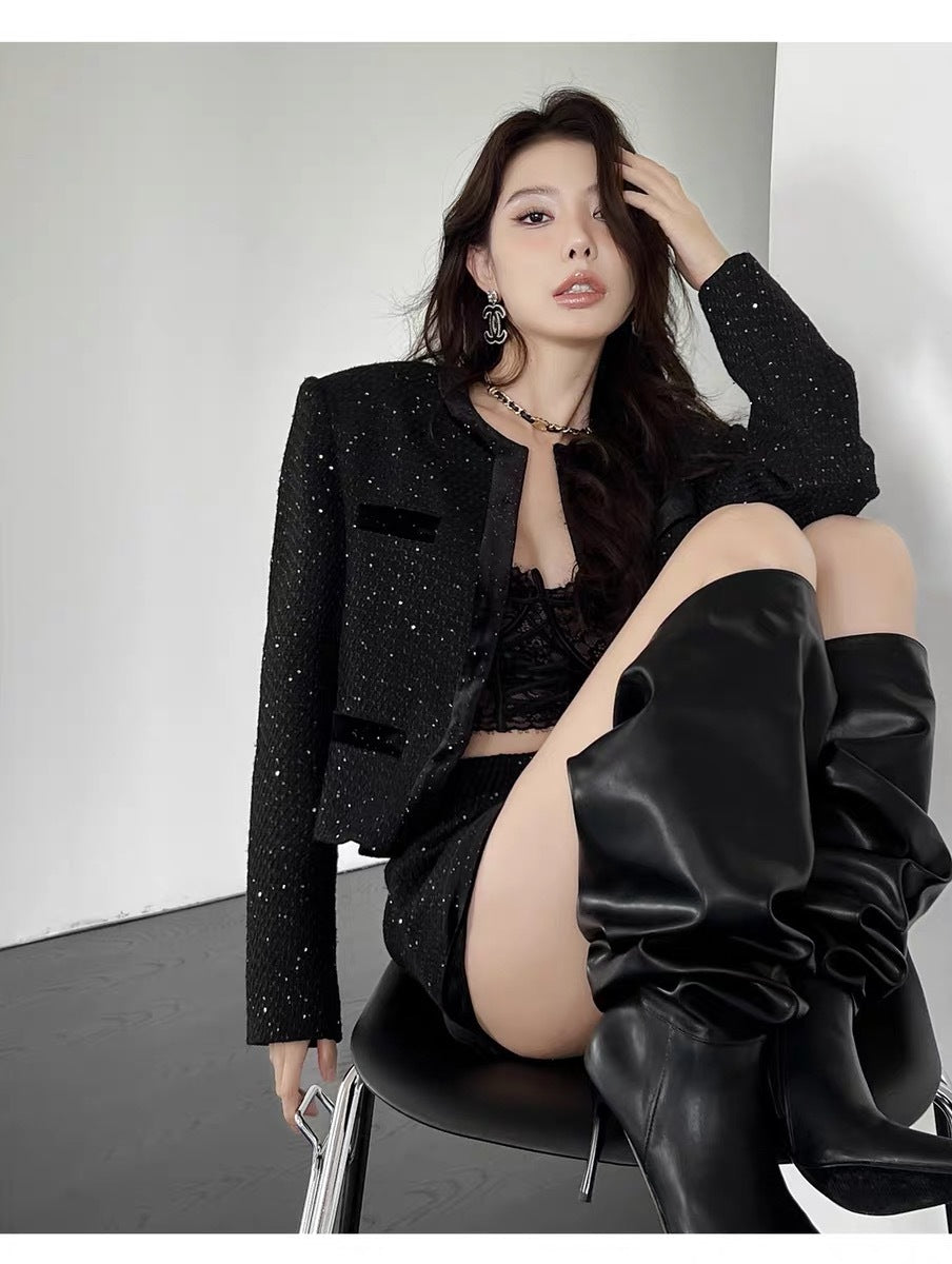 黑天鹅千金 - 金珠亮片小香风丝绒外套/短裤 Black Swan Heiress - Petite Chanel-esque Velvet Jacket/Shorts