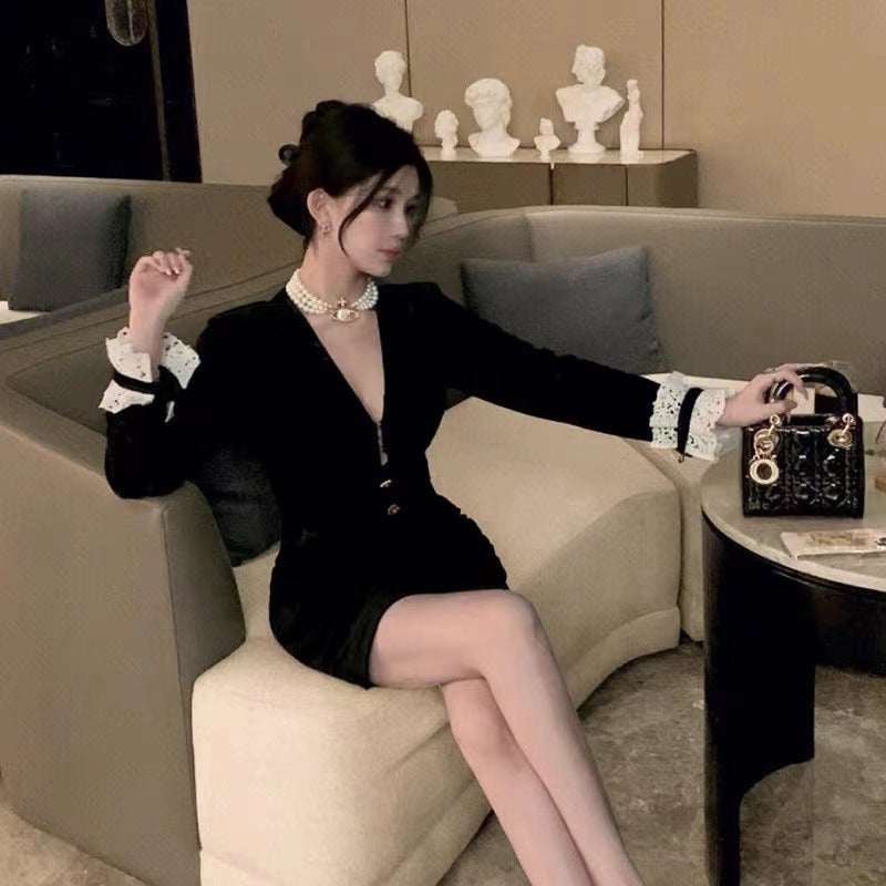 高贵黑纱 - 韩国丝绒蕾丝拼接针织连衣裙 Korean Velvet Lace Patchwork Knit Dress