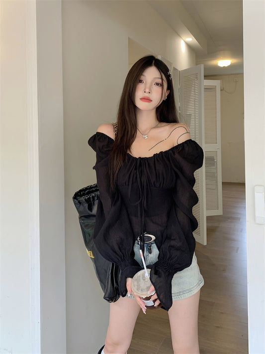 黑夜繁星 - 夏季气质雪纺长袖衬衫  Summer Elegance Chiffon Long Sleeve Shirt
