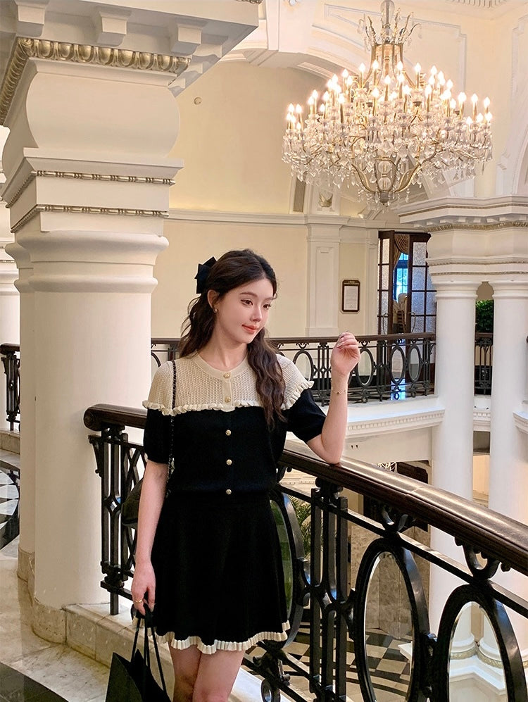 黑白绒纹 - 法式黑白撞色小香风上衣/半裙 Black and White Textures - French Chic Monochrome Top/Skirt